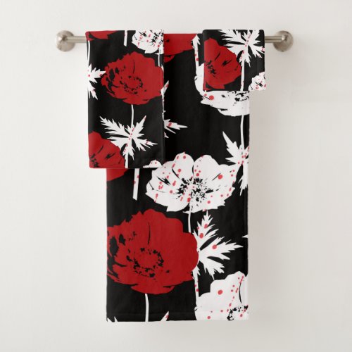 Red white flowers on black  bath towel set