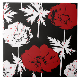 Red, white flowers on black . ceramic tile