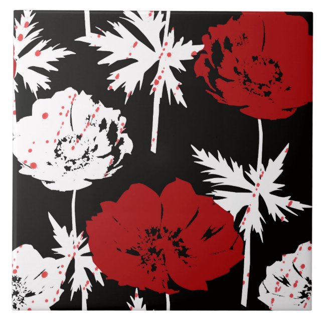 Red, white flowers on black . ceramic tile (Front)