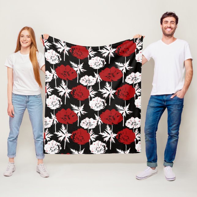Red, white flowers on black  fleece blanket (In Situ)