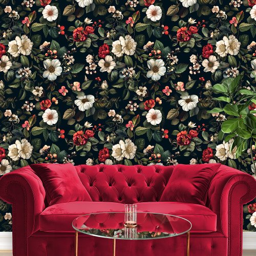 Red  White Flowers on Black for Bedroom Pattern Wallpaper