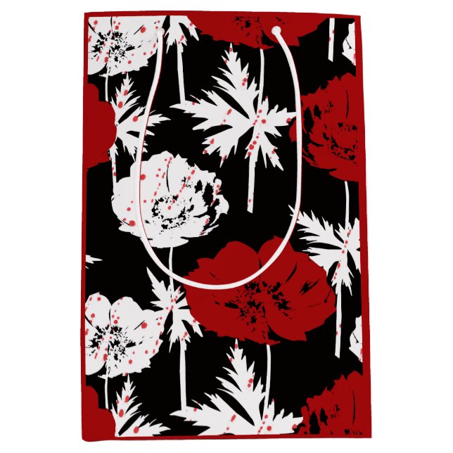 Red, white flowers on black. medium gift bag (Front)