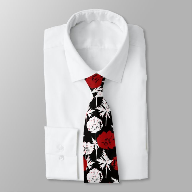 Red, white flowers on black . neck tie (Tied)