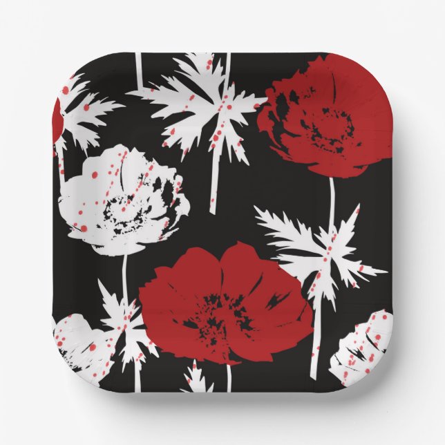 Red, white flowers on black. paper plates (Front)