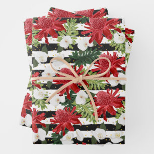 Red White Flowers on Black White Stripes Dots Wrapping Paper Sheets
