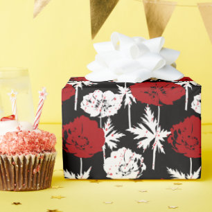 Red, white flowers on black wrapping paper