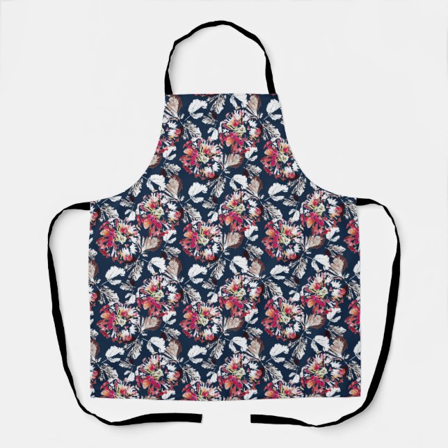 Red, white flowers on blue.  apron (Front)