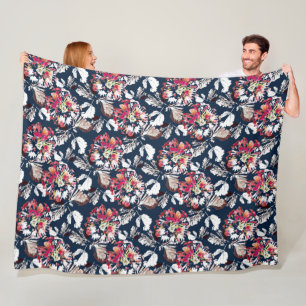 Red, white flowers on blue.  fleece blanket