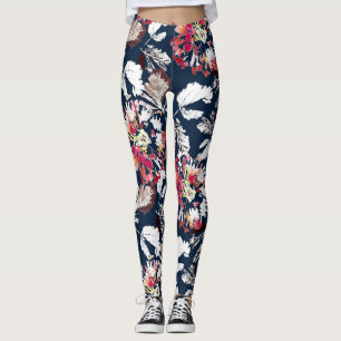 Red, white flowers on blue.  leggings