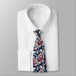 Red, white flowers on blue. neck tie