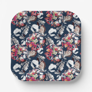 Red, white flowers on blue. paper plates