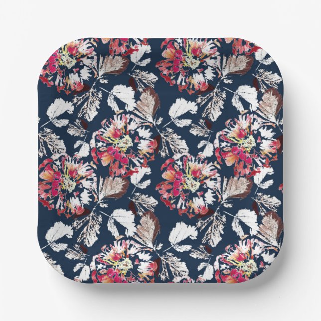 Red, white flowers on blue. paper plates (Front)