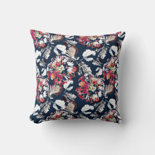Red, white flowers on blue. throw pillow