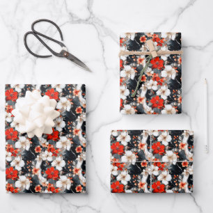 Red & White Flowers on Marble Wrapping Paper Sheets