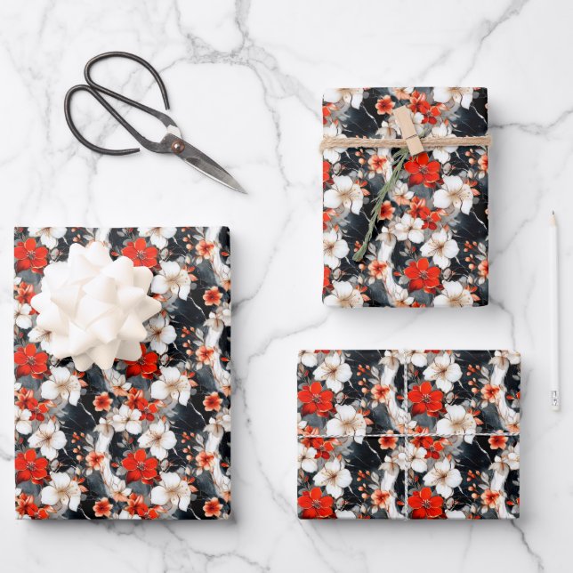 Red & White Flowers on Marble Wrapping Paper Sheets (Front)