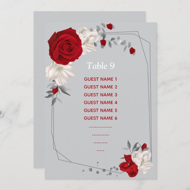 red & white flowers seating chart table number (Front/Back)