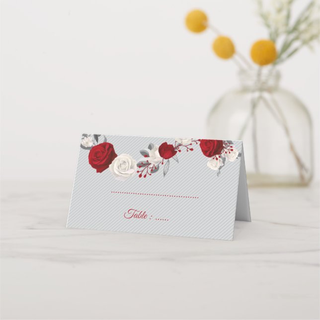 red & white flowers silver leaves gray place card (Front)