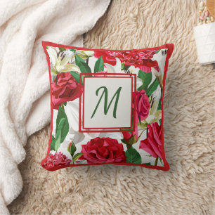 Red White Flowers Watercolor Monogram Throw Pillow