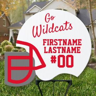 Red White Football Mascot Name Number Helmet Sign