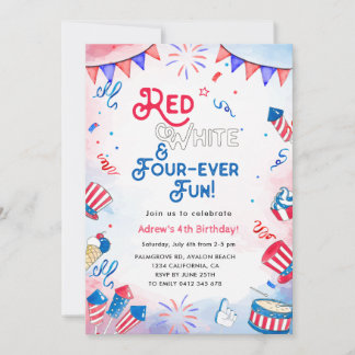 Red, White, FOUR-ever Fun, Fourth Birthday Invitation