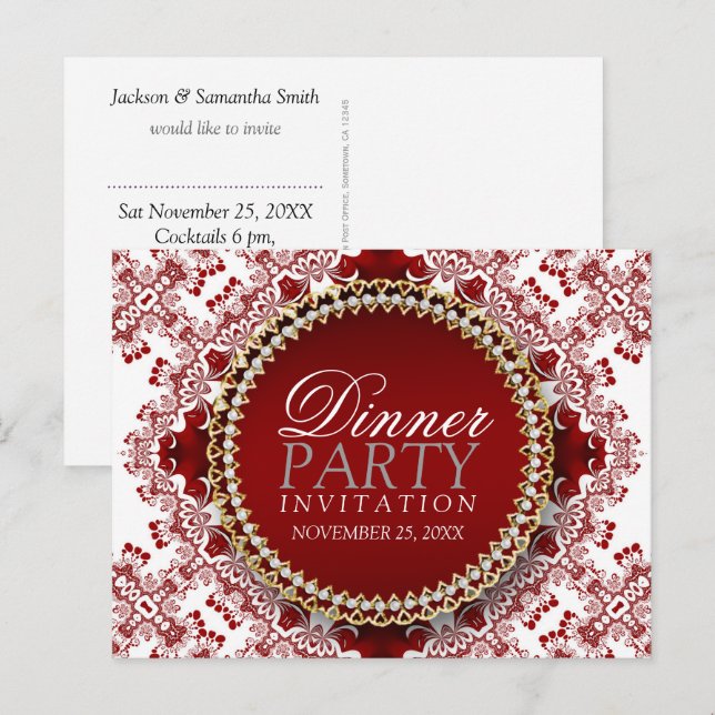 Red & White Fractal Lace Dinner Party Invite (Front/Back)