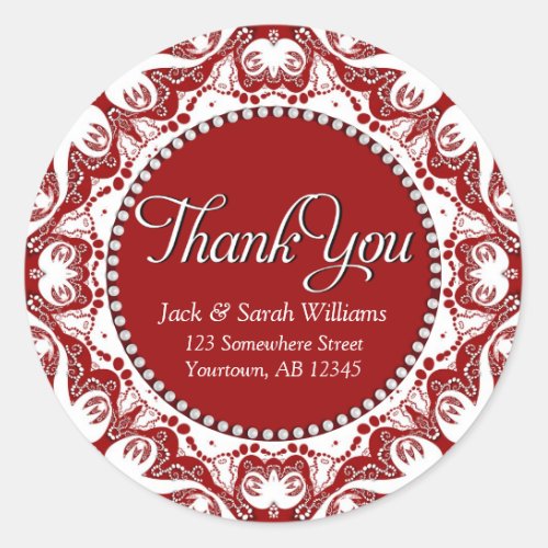 Red  White Fractal Lace Thank You Classic Round Sticker