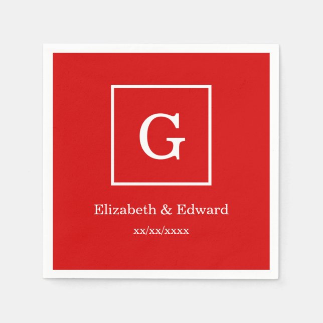 Red White Framed Initial Monogram Paper Napkins (Front)