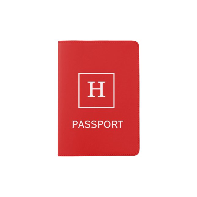 Red White Framed Initial Monogram Passport Holder (Front)