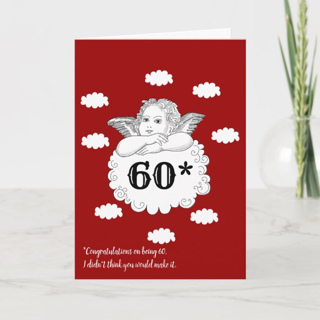 Red White Funny Cheeky Cherub Angel 60th Birthday Card (Front)