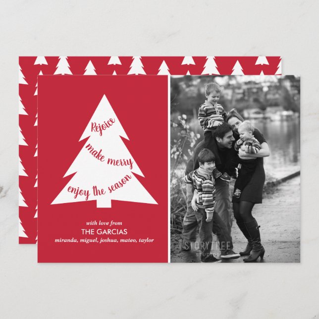 Red White Geometric Christmas Tree Custom Photo Holiday Card (Front/Back)