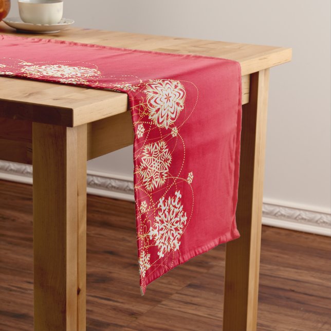 Red White Geometric Snowflake Christmas Short Table Runner (In Situ)