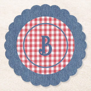 Red & White Gingham, Blue Denim Print, Initial (6) Paper Coaster