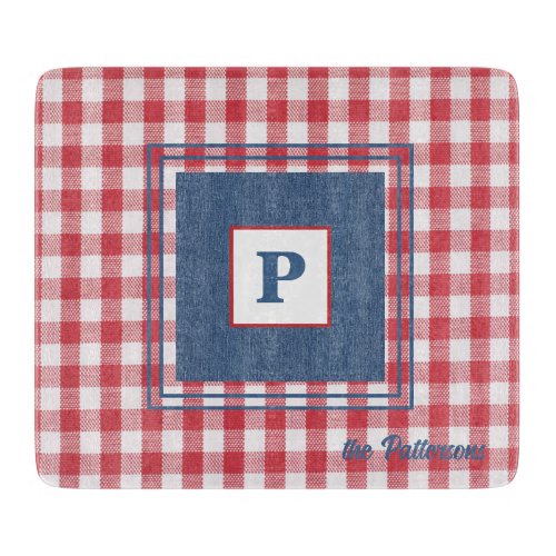 Red  White Gingham Check Blue Denim Glass Cutting Board