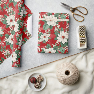 Red White Gingham Check Floral Poinsettia Pattern Wrapping Paper