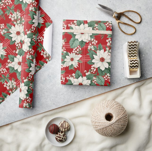 Red White Gingham Check Floral Poinsettia Pattern  Wrapping Paper (Crafts)