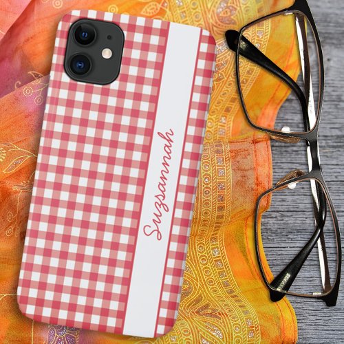 Red White Gingham Check Personalized iPhone 11 Case