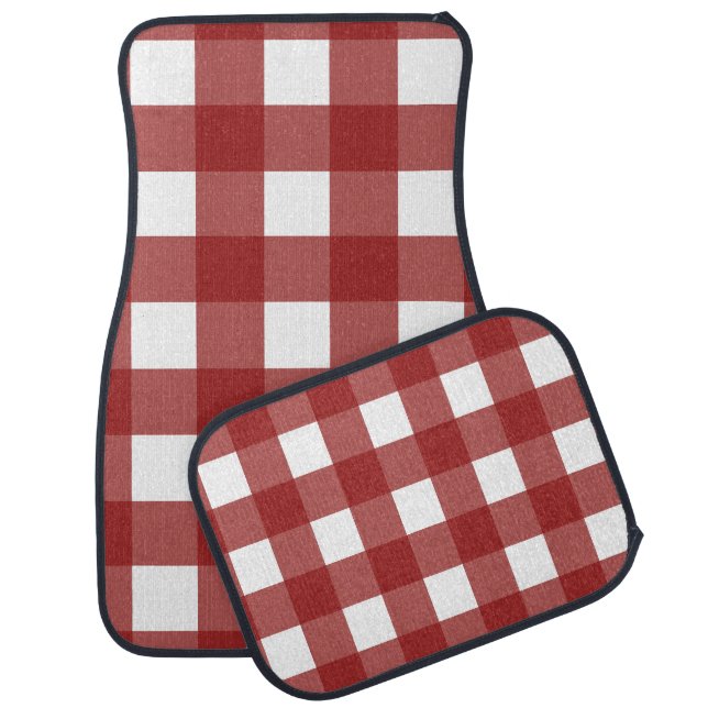 Red White Gingham Check Plaid Car Floor Mat (Set)