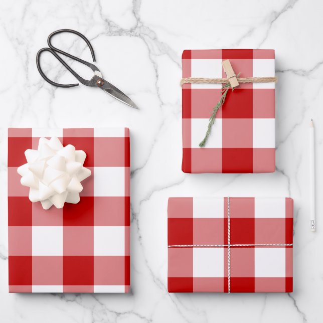Red White Gingham Check Plaid Wrapping Paper Sheets (Front)