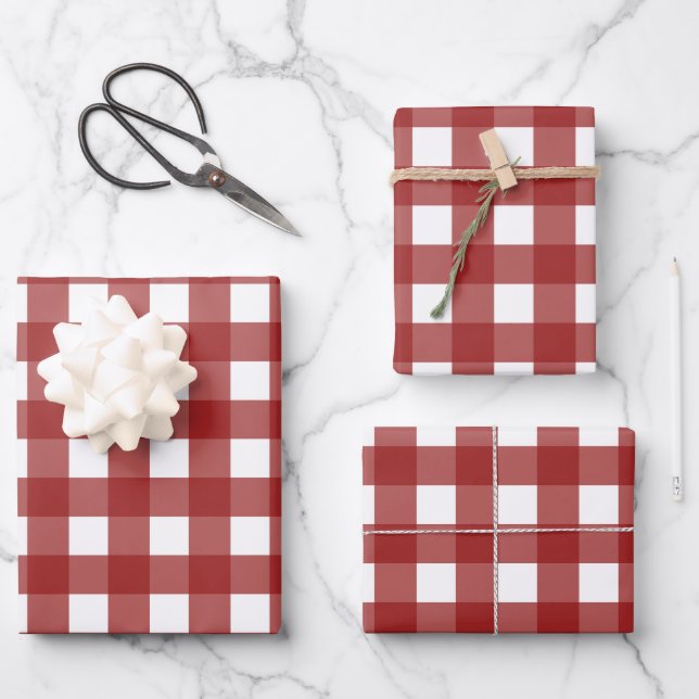 Red White Gingham Check Plaid Wrapping Paper Sheets (Front)