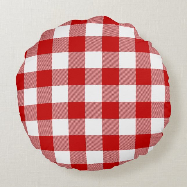 Red & White Gingham Check Round Pillow (Back)