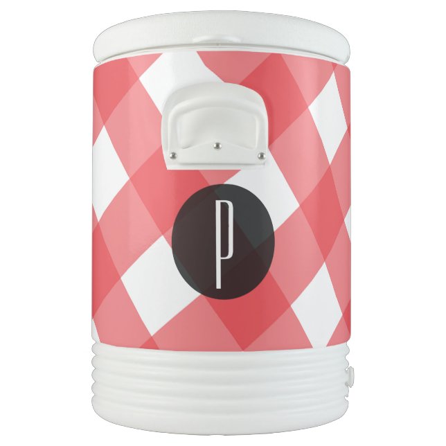 Red White Gingham Checkered Plaid Monogram Custom Beverage Cooler (Left)