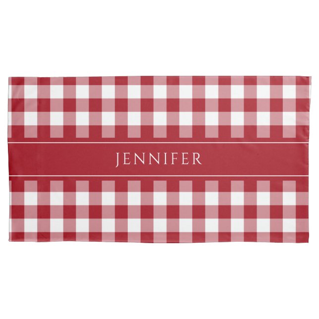 Red & White Gingham  Farmhouse Pattern Name Pillow Case (Front)