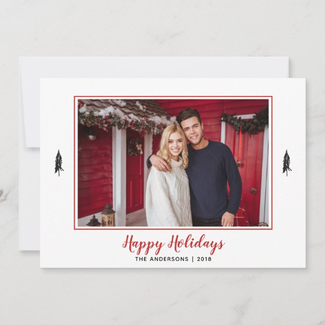 Red & White Gingham Flannel Photo Christmas Tree Holiday Card (Front)