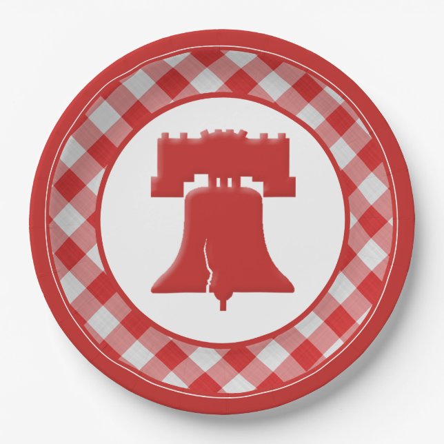 Red/White Gingham Liberty Bell July 4th BBQ Party Paper Plates (Front)