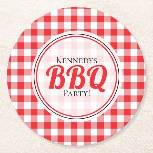 Red White Gingham Pattern Family BBQ Round Paper Coaster