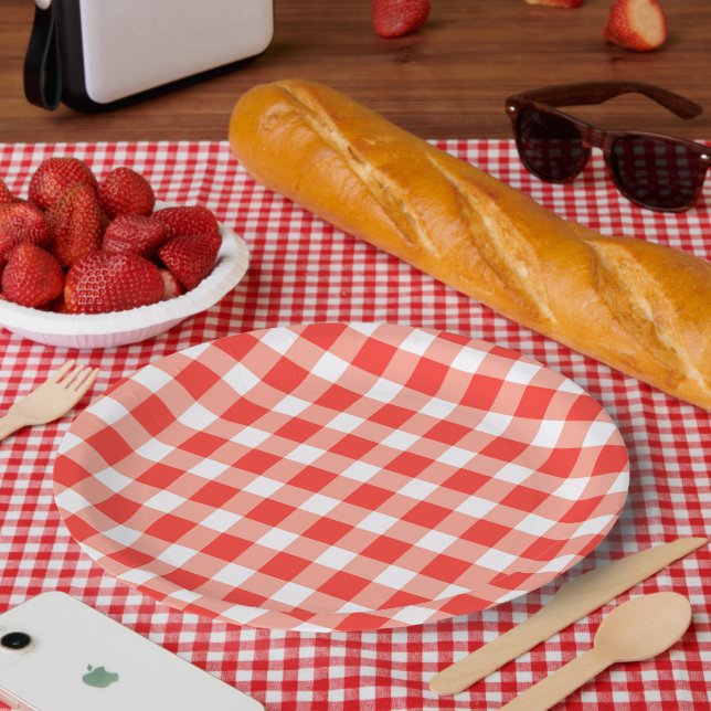 Red White Gingham Pattern Paper Plates (Picnic)