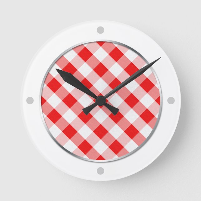 Red & White Gingham Pattern Wall Clock (Front)