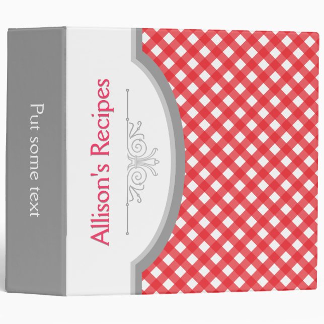 Red, white gingham pattern with frame recipe 3 ring binder (Front/Spine)