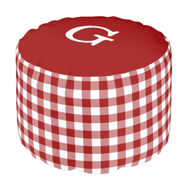 Red White Gingham Pattern with Monogram Pouf (Angled Front)