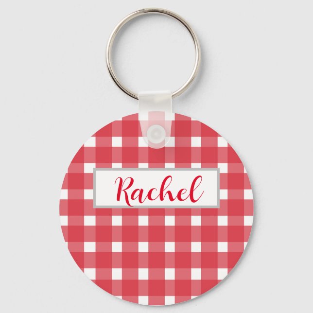 Red White Gingham Personalized  Keychain (Front)